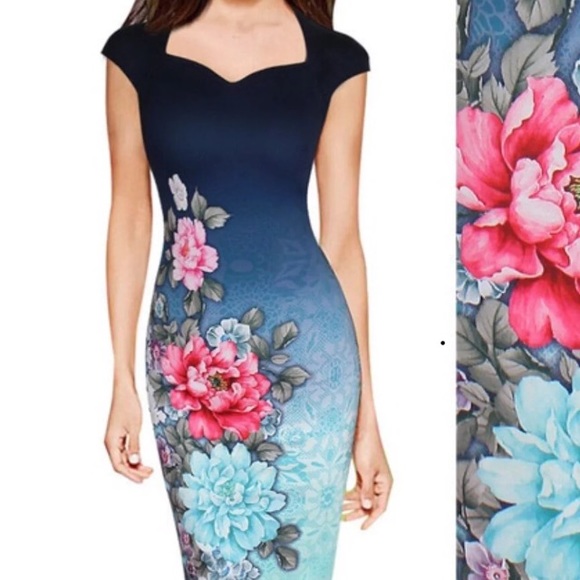 Sexy Blue with Pink Floral Bodycon Dress - Picture 2 of 6